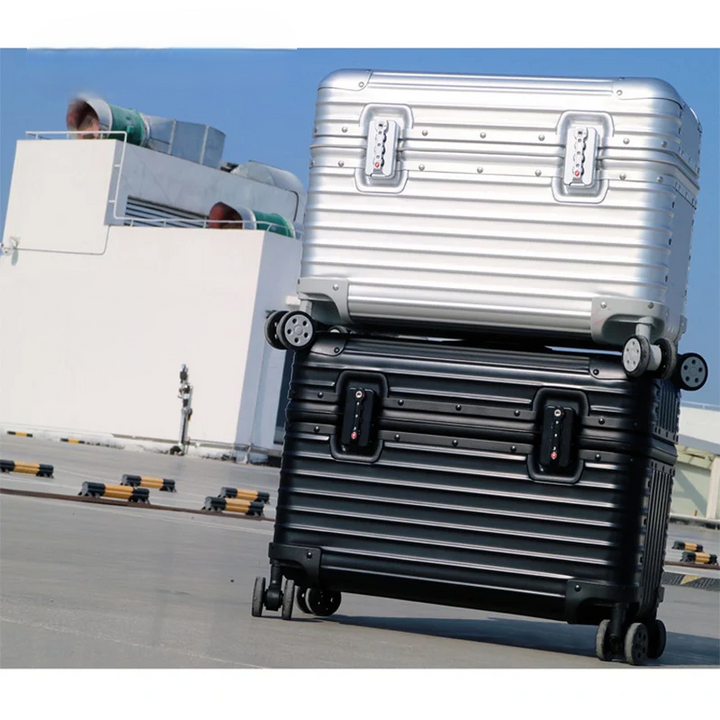 Premium aluminium-magnesium hard case suitcase, durable unisex travel luggage.