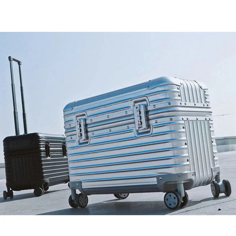 Robust aluminium-magnesium hard case spinner suitcase, premium durable unisex travel luggage.