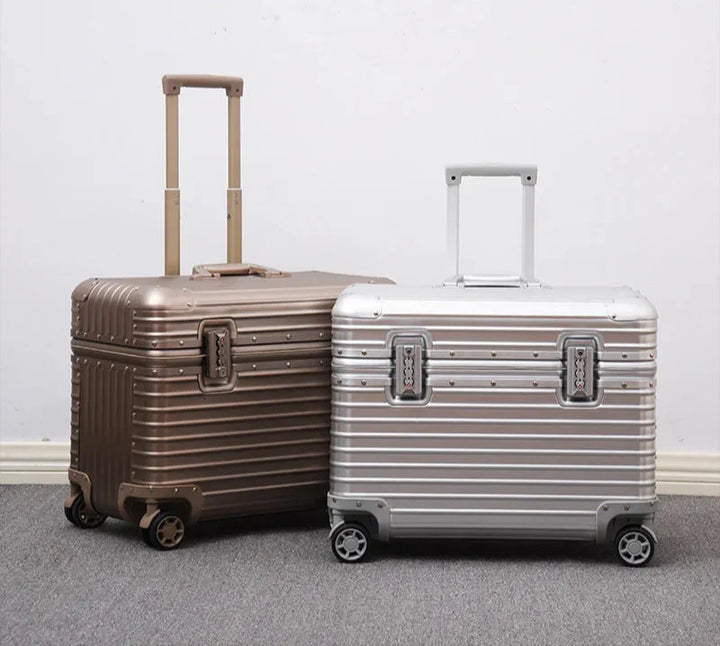 Large unisex aluminium-magnesium hard case suitcase, perfect for long-haul durable travel.