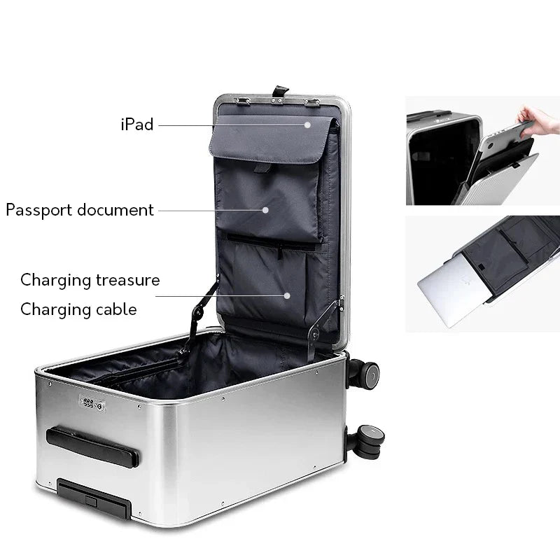 Versatile aluminum hardshell luggage, available as cabin or checked bag, secure for all travel.