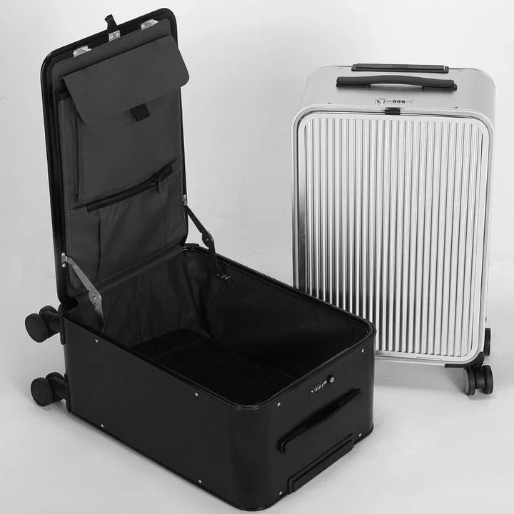 Sleek unisex aluminum hardshell travel suitcase, premium design for modern travelers.
