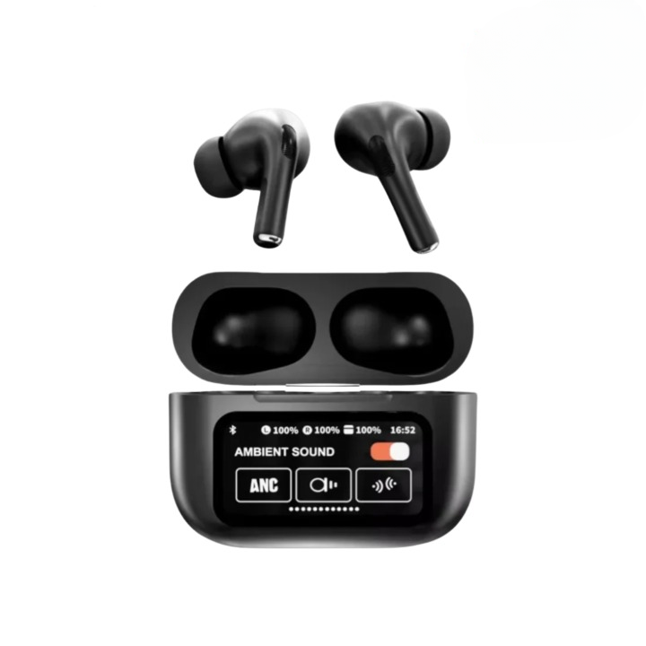 Premium wireless earbuds with a sleek touchscreen charging case for smart control & portable audio.