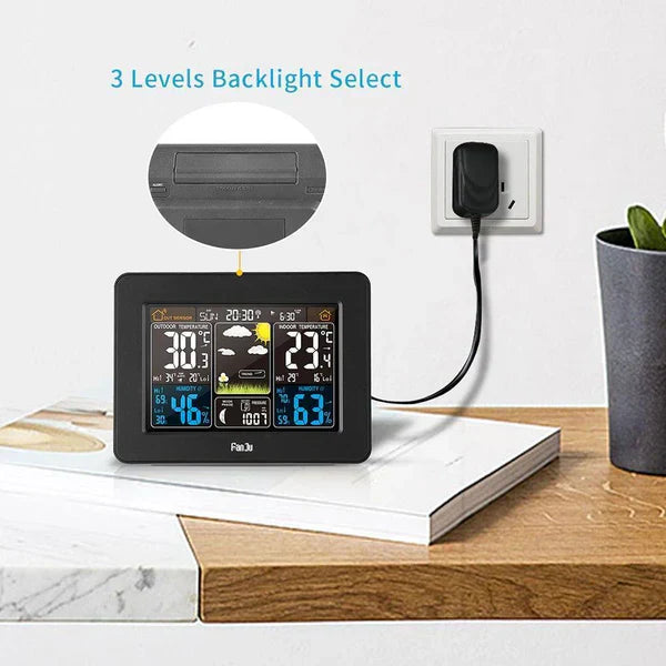 Premium wireless home weather station with vibrant LCD display, dynamic icons, and sleek design for accurate indoor/outdoor d