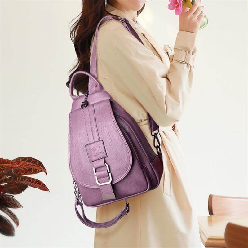 Everyday women's travel backpack, water-resistant leather with anti-theft security.