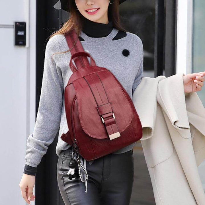 Stylish water-resistant sheepskin leather backpack for women, ideal for daily adventures.