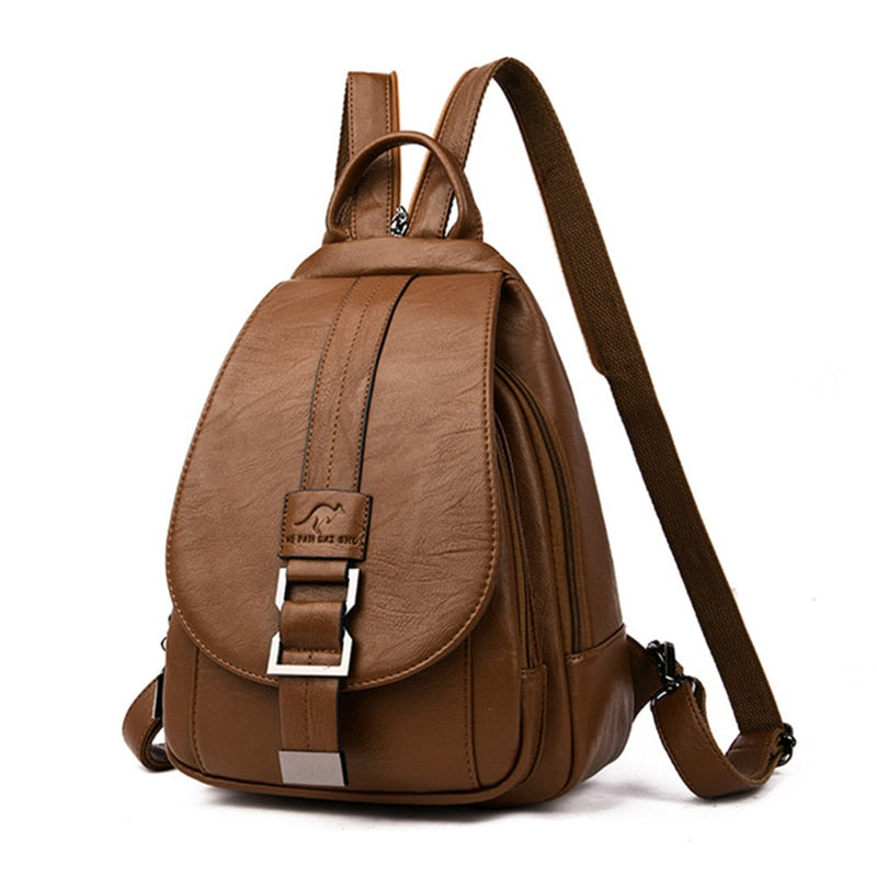 Sleek black water-resistant leather backpack for women, perfect for urban travel.