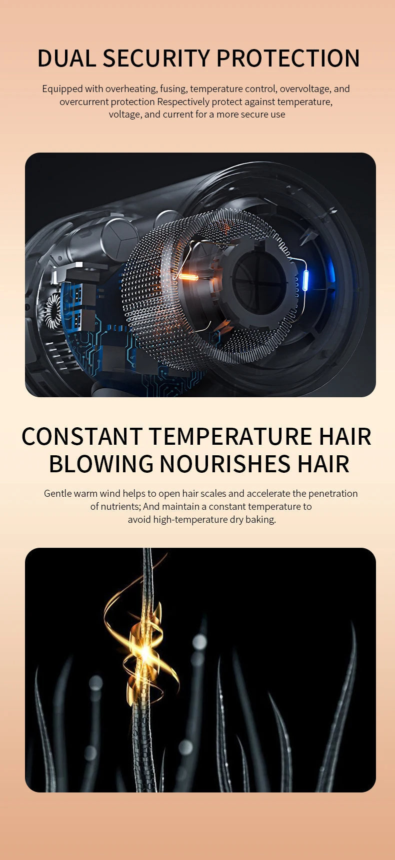High-power 2400W hair dryer, negative ions for glossy, smooth, professionally styled hair.