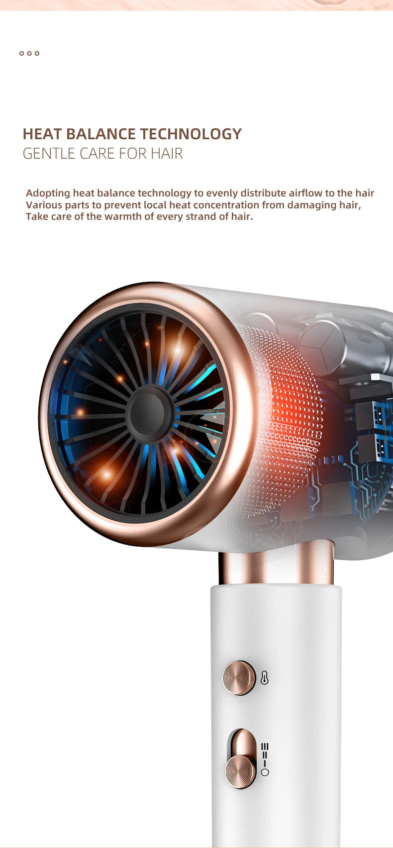 Professional 2400W hair dryer with negative ions, ensures fast, healthy, frizz-free drying.