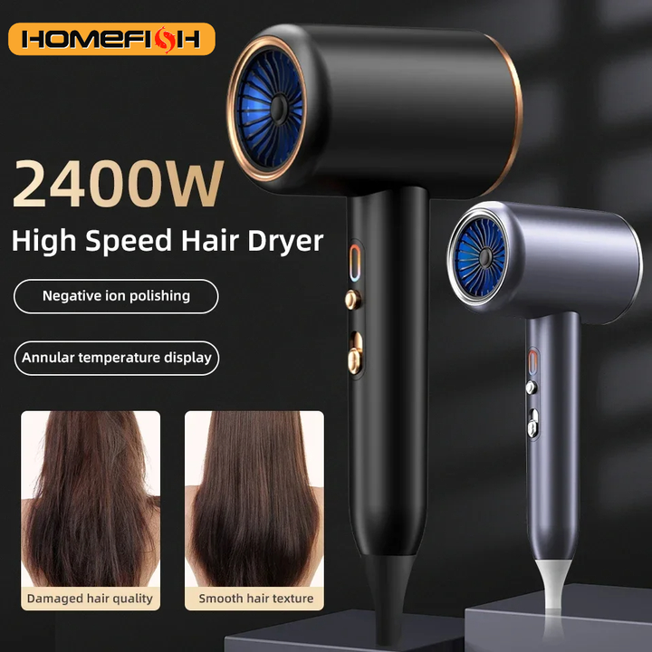 Powerful 2400W salon hair dryer with cold & warm air, negative ions for smooth hair.