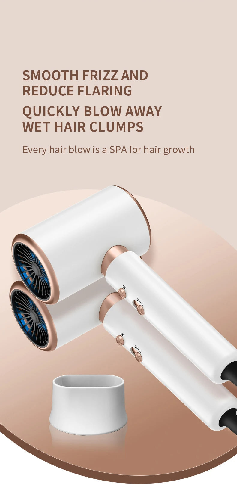 Professional 2400W hair dryer, negative ions, cold/warm air, frizz control for smooth hair.