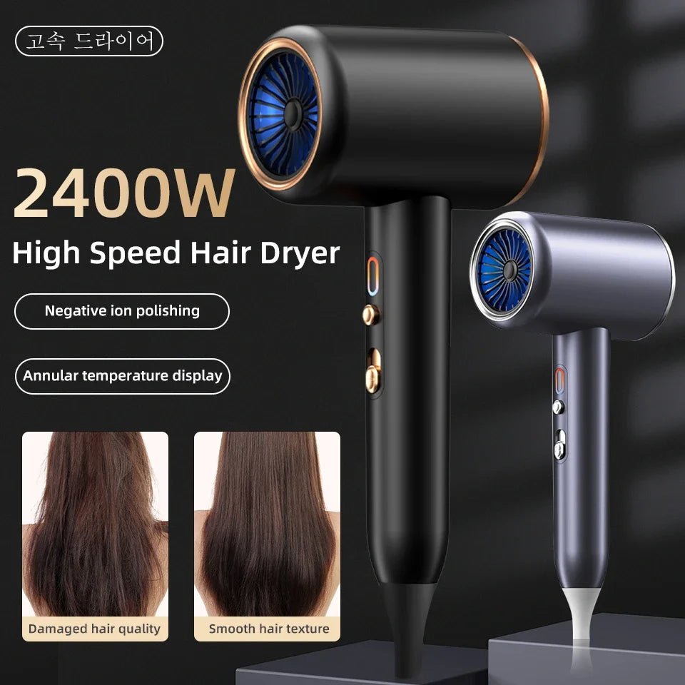 Professional 2400W hair dryer, negative ions, cold/warm air, fast dry, frizz control.