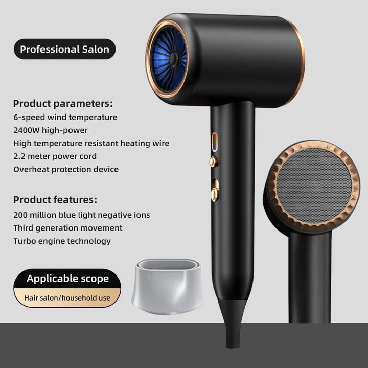 Professional 2400W hair dryer, negative ions for ultimate frizz control, fast styling.