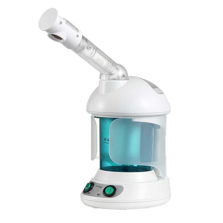 "Professional nano ionic facial steamer with extendable 360° rotating arm, sleek white design, for deep pore cleansing."