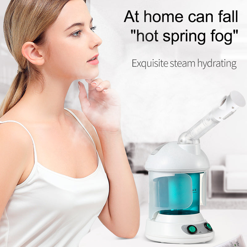 "Professional nano ionic facial steamer with extendable 360° rotating arm, sleek white design, for deep pore cleansing."