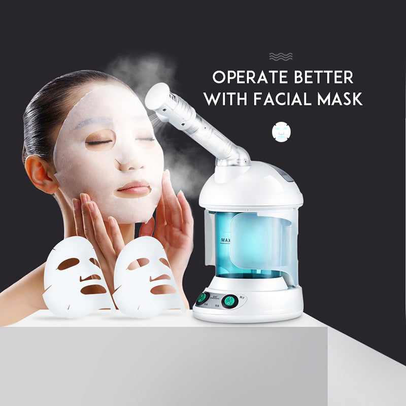"Professional nano ionic facial steamer with extendable 360° rotating arm, sleek white design, for deep pore cleansing."