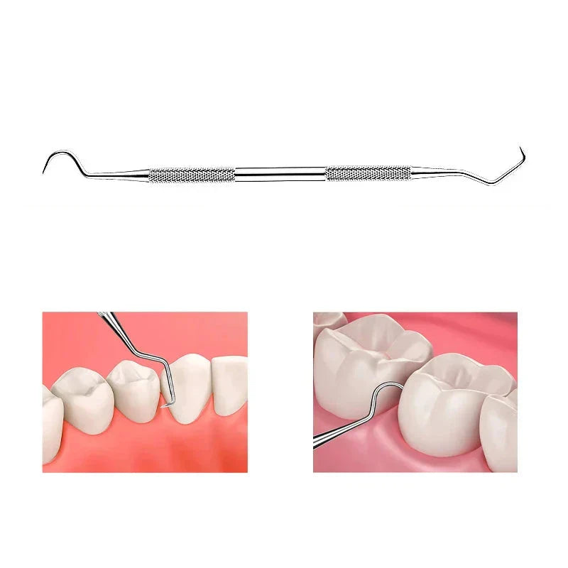 Ergonomic stainless steel plaque remover & tartar scraper for effective home dental cleaning.