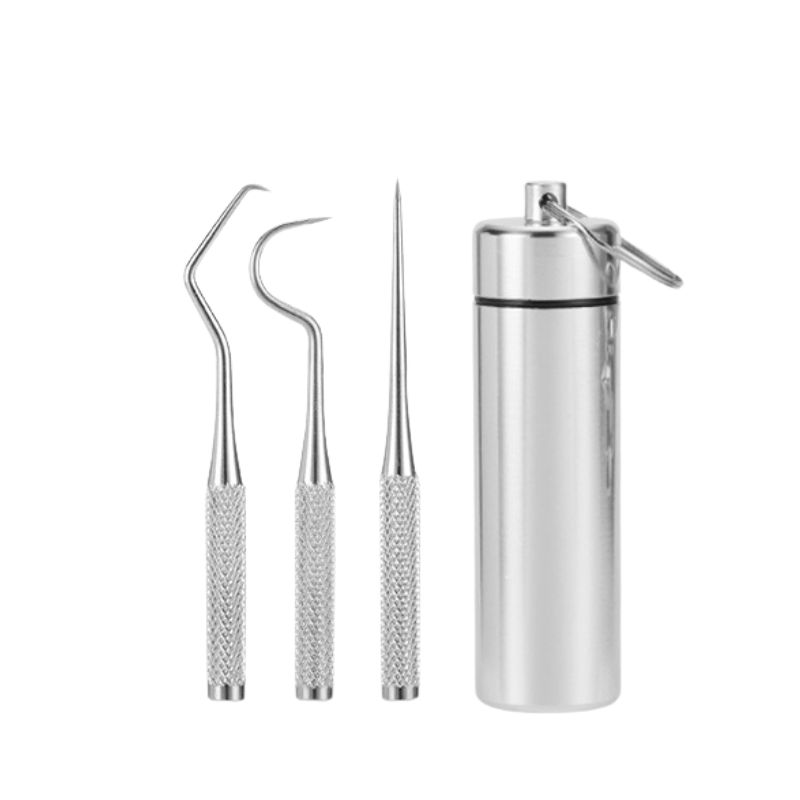 Comprehensive home dental kit with professional stainless steel plaque and tartar removal tools.