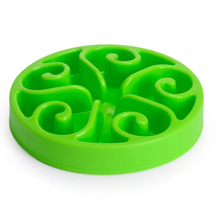 "Purple slow feeder dog bowl with anti-flip base, featuring engaging grooves for slower eating and better digestion."