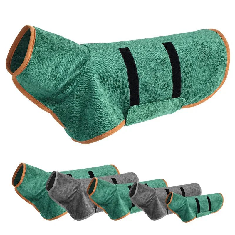 A dog wearing a green quick-drying bathrobe, showing off its quick-drying capabilities.