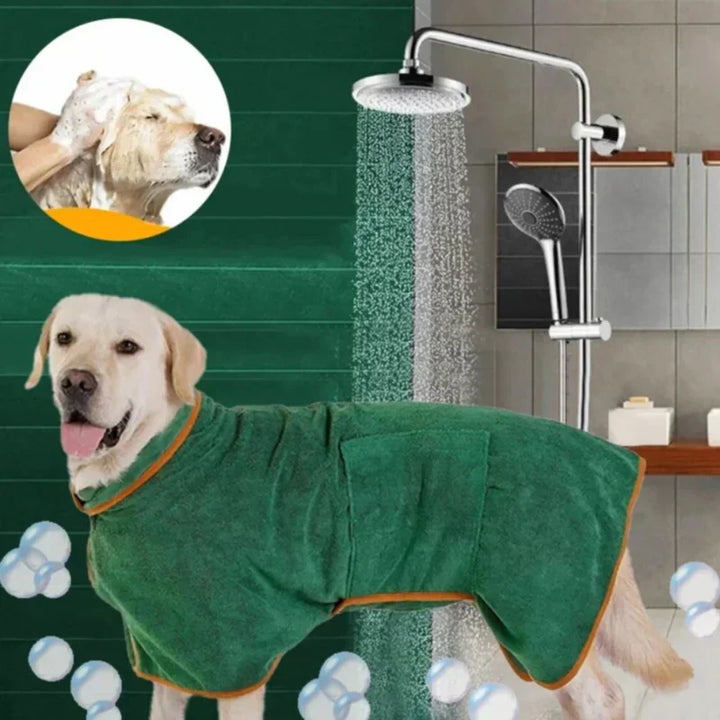 A dog wearing a yellow quick-drying bathrobe, bright and cheerful for your pet.