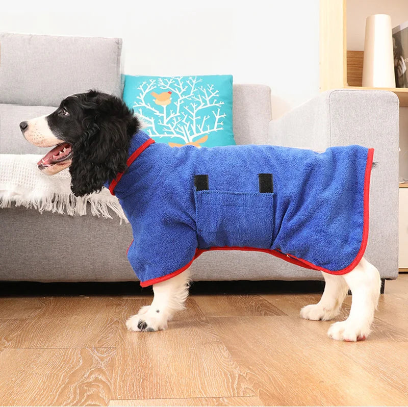 Back view of a dog in a blue quick-drying bathrobe, showcasing the design.