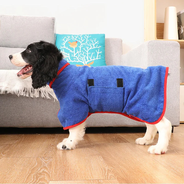 Back view of a dog in a blue quick-drying bathrobe, showcasing the design.