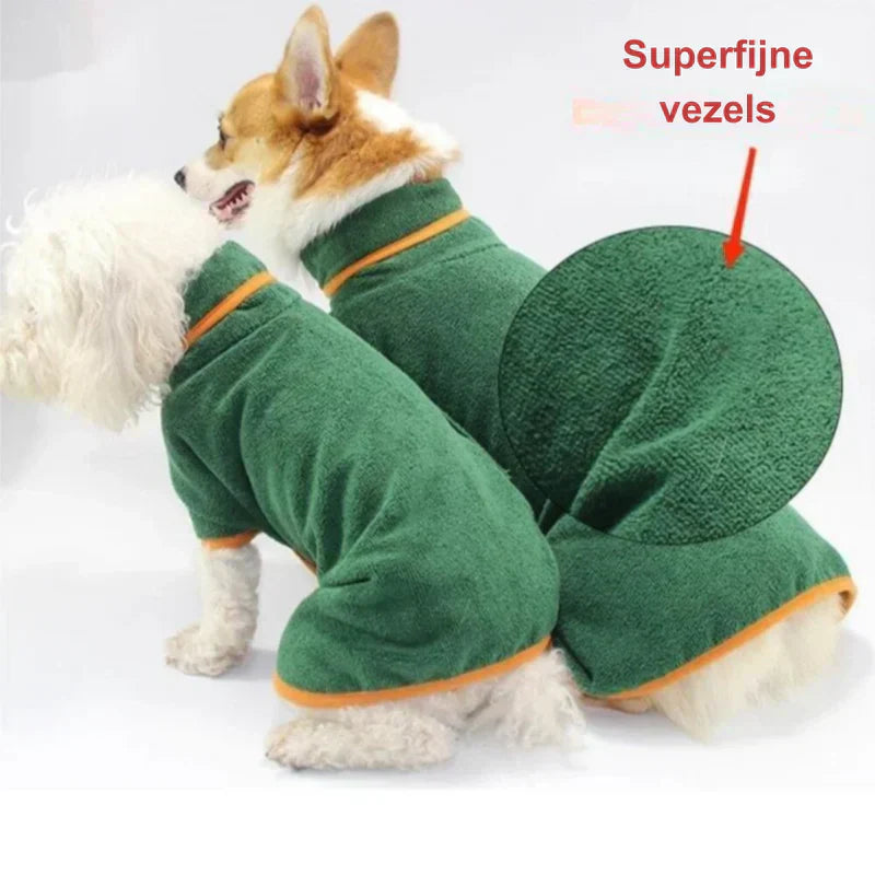 A dog happily wearing a quick-drying bathrobe, ready for comfort.