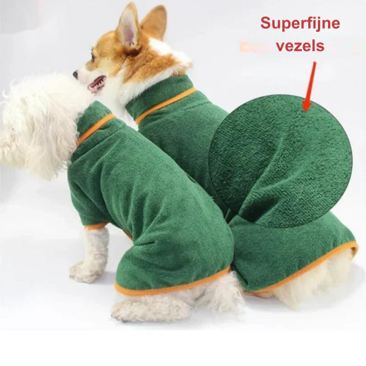 A dog happily wearing a quick-drying bathrobe, ready for comfort.