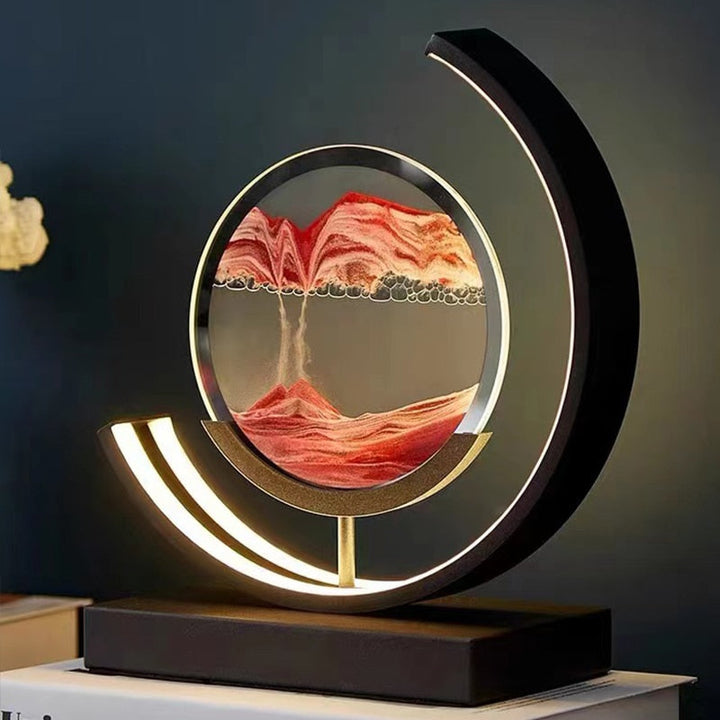 Quicksand art table lamp with rotating sand patterns, 360-degree rotation, elegant design, soft LED light, stress relief.