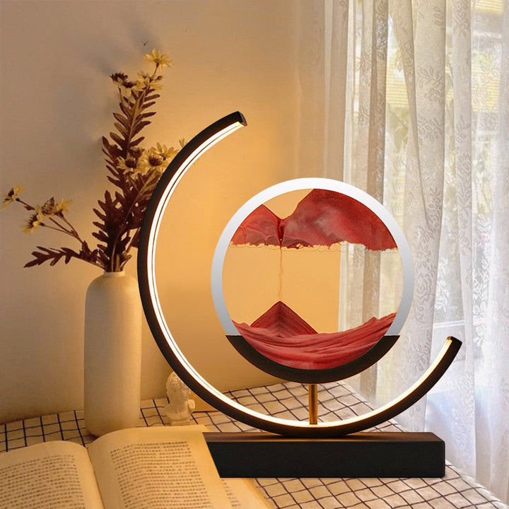 Quicksand art table lamp with rotating sand patterns, 360-degree rotation, elegant design, soft LED light, stress relief.