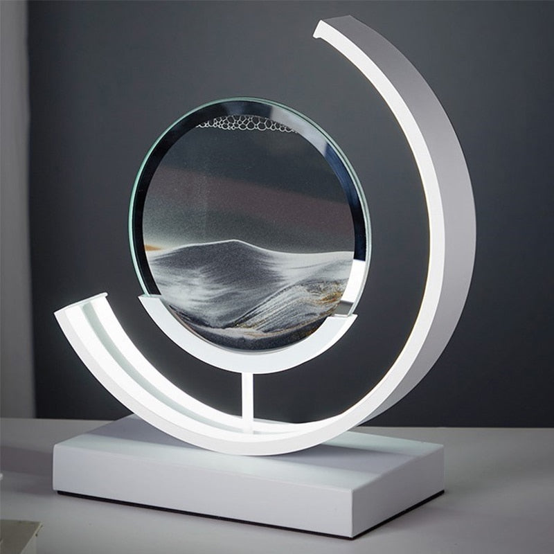 Quicksand art table lamp with rotating sand patterns, 360-degree rotation, elegant design, soft LED light, stress relief.