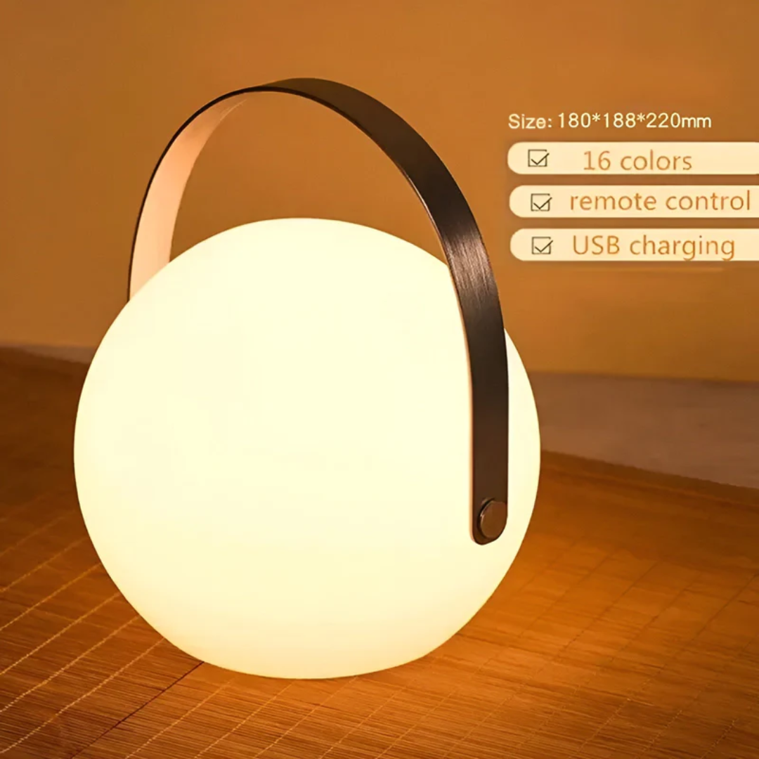 Ambiance-setting RadianceFlex waterproof LED lamp, portable & wireless for outdoor dining.