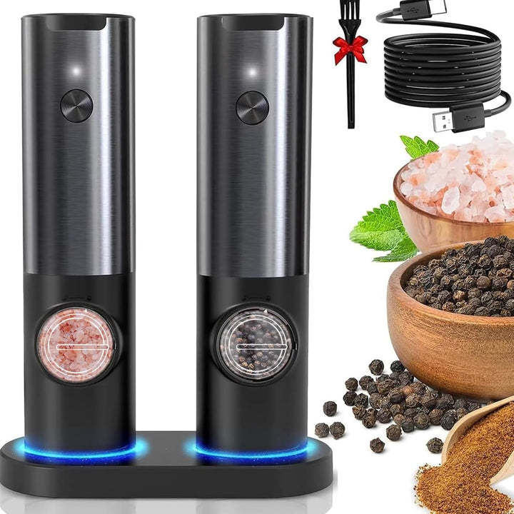 Rechargeable electric salt & pepper grinder set, modern stainless steel for effortless seasoning in your kitchen.