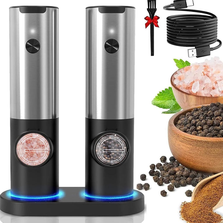 Hand holding a rechargeable electric pepper grinder, automatically seasoning a meal. A convenient kitchen tool.