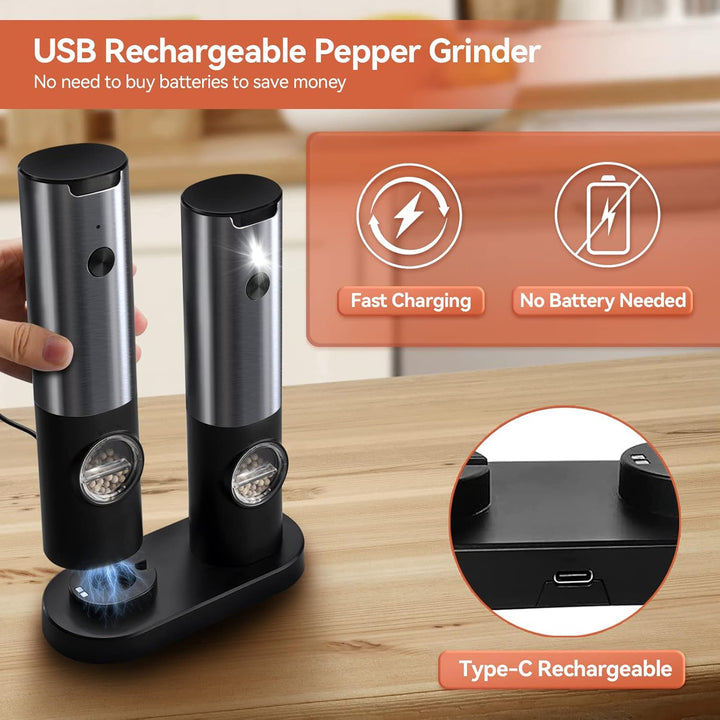 Sleek stainless steel rechargeable electric salt and pepper grinder set, durable and stylish spice mills.
