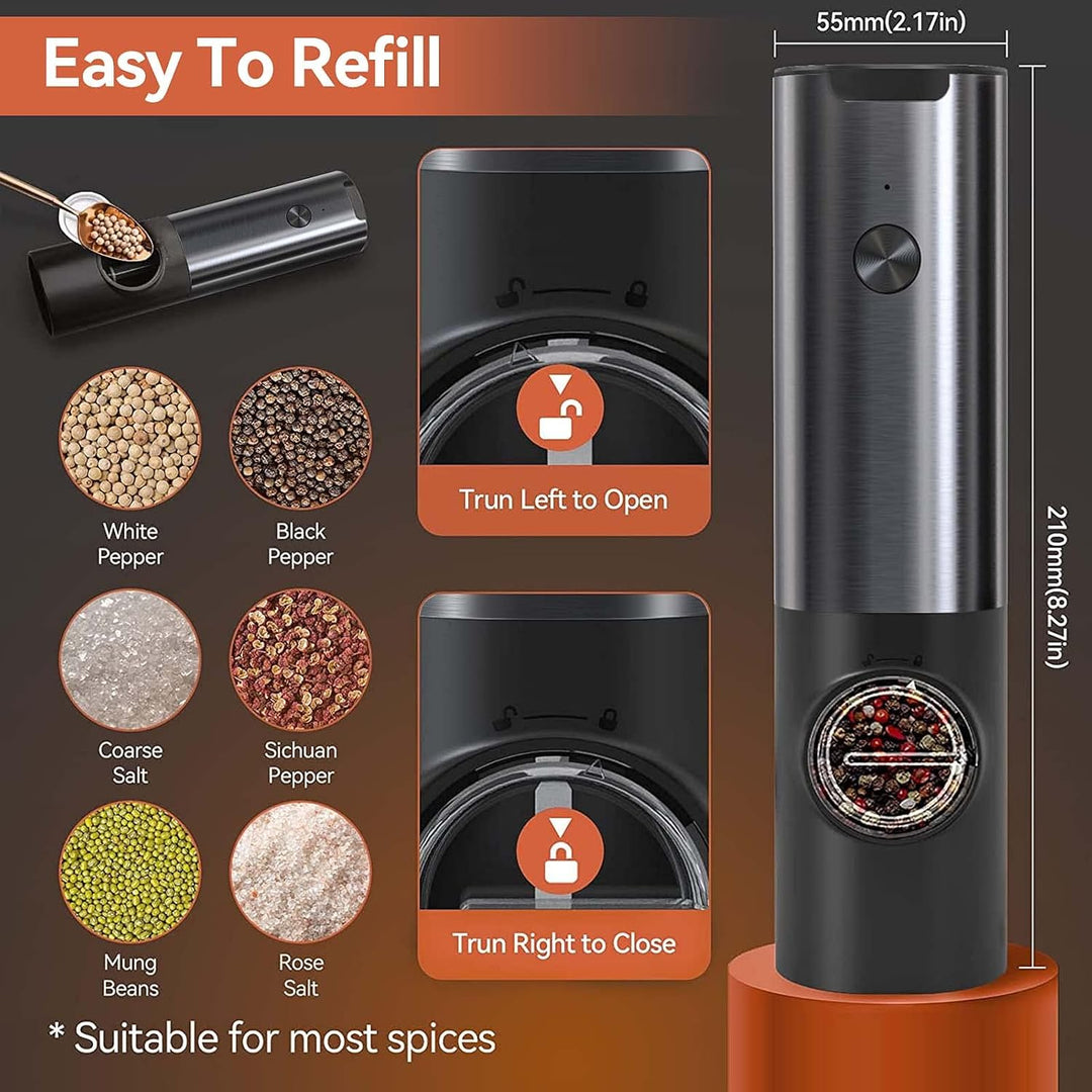 Rechargeable electric salt and pepper grinder set on its charging base, ready for automatic seasoning.