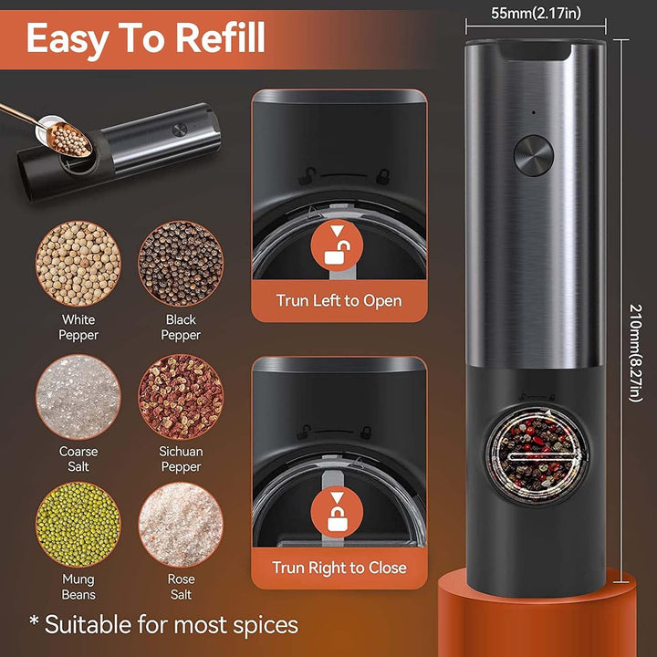 Rechargeable electric salt and pepper grinder set on its charging base, ready for automatic seasoning.
