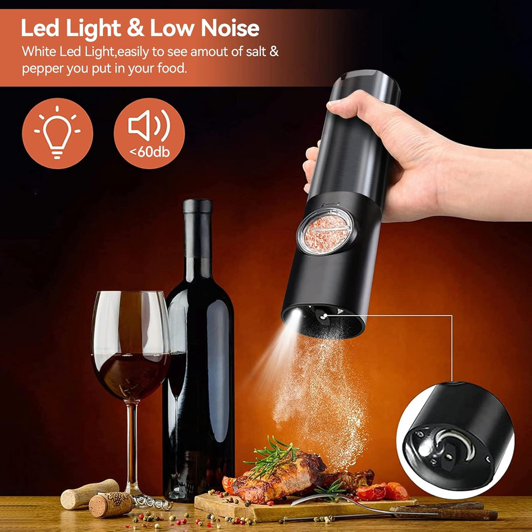 Clear view of electric salt and pepper grinder set with visible rock salt and peppercorns, automatic spice mills.