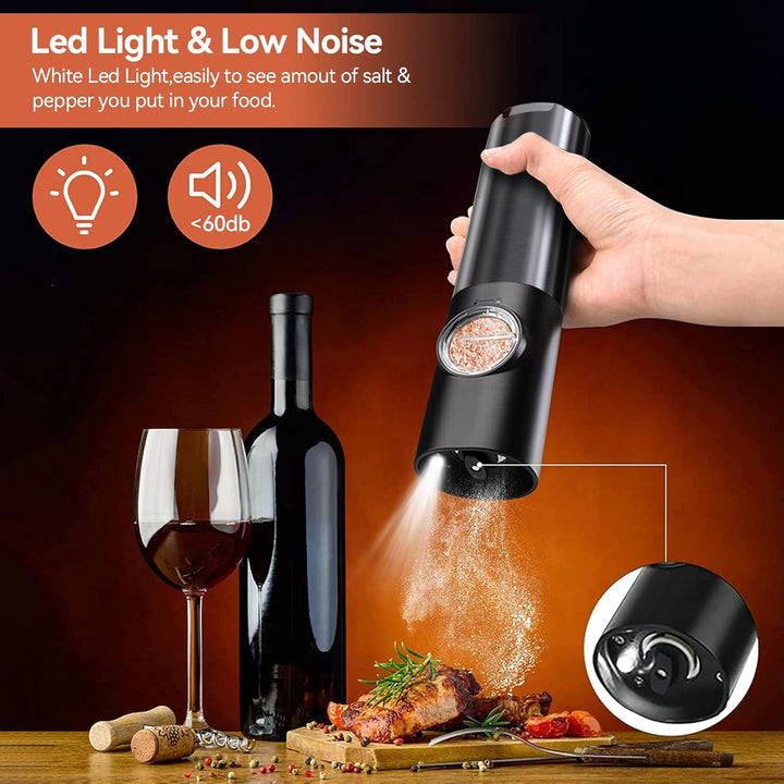 Clear view of electric salt and pepper grinder set with visible rock salt and peppercorns, automatic spice mills.