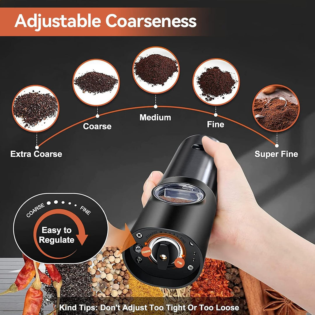 Modern rechargeable electric salt and pepper grinder set on a kitchen counter, essential cooking tools.