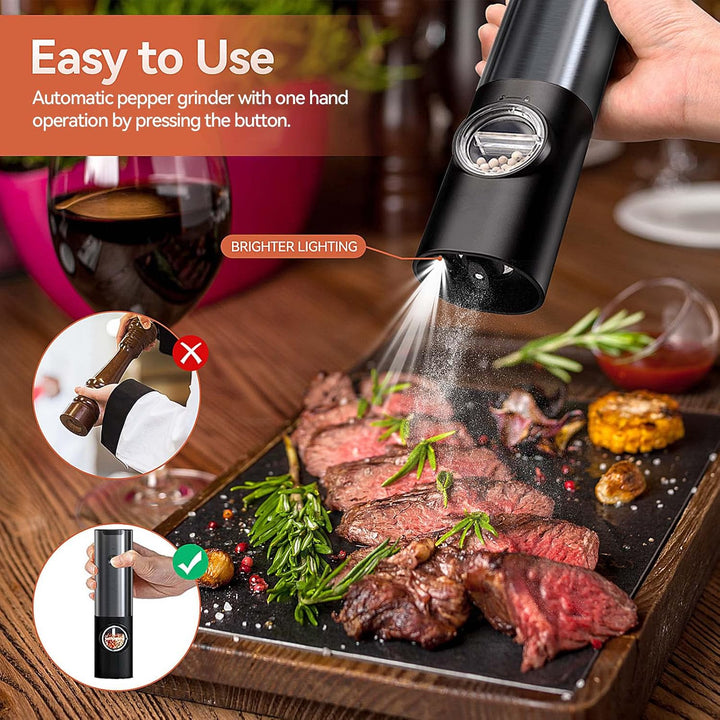 Ergonomic rechargeable electric salt grinder, easy to grip and operate for automatic seasoning.
