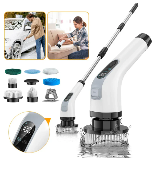 "Rechargeable electric scrubber with 7 brush heads on white background, ideal for cleaning diverse surfaces effortlessly."