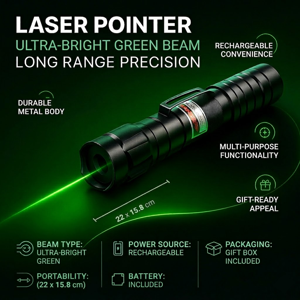 Durable rechargeable green laser pointer, essential outdoor gear & tactical tool.