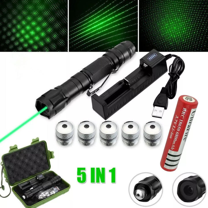 Precision green laser pointer with long-lasting rechargeable battery for continuous use.