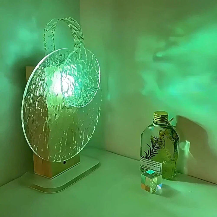 "Rechargeable LED lamp projects sunset hues, ocean waves; adds cozy ambiance to home decor with adjustable head."