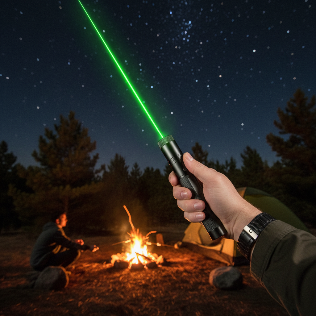 Rechargeable long-range laser pointer tool for outdoor use & precision tasks. High visibility green beam.