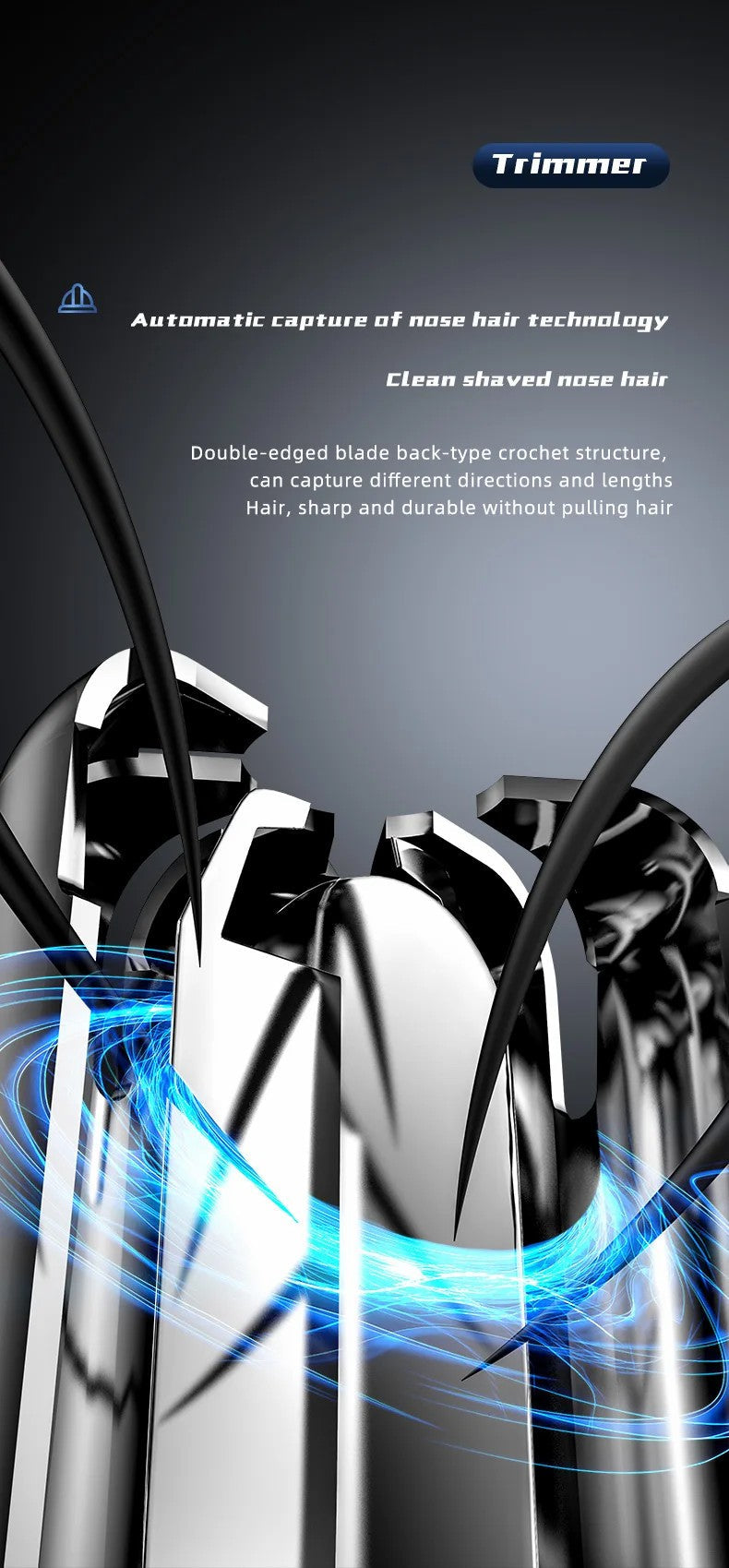 Painless nose & ear hair trimmer, rechargeable for smooth, comfortable personal grooming.