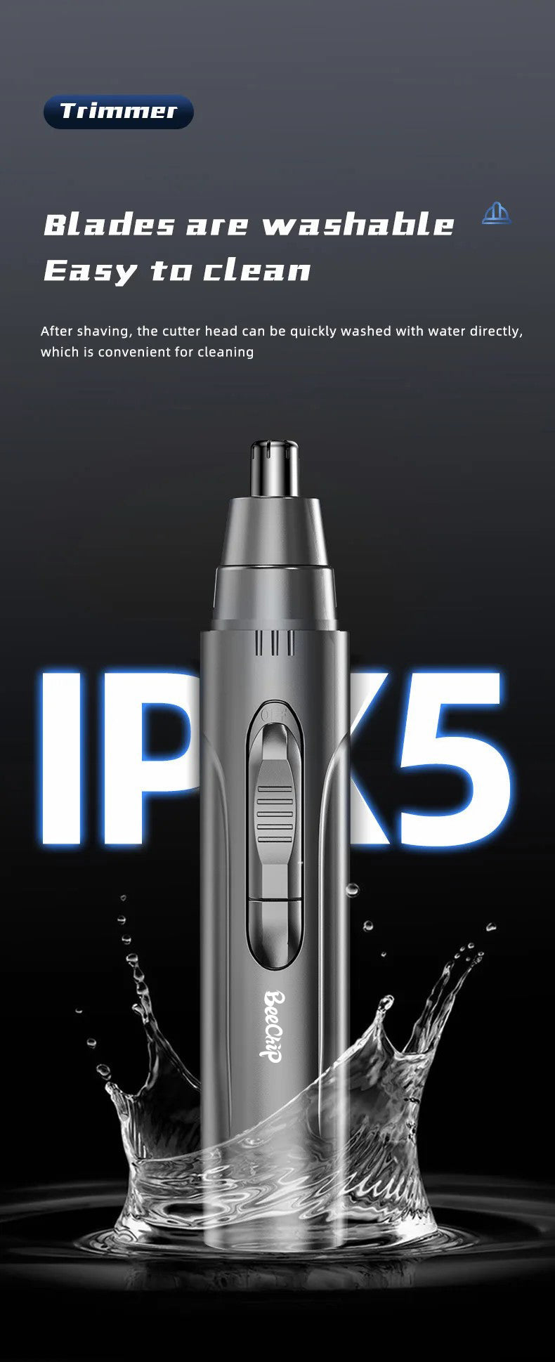 Travel-friendly compact rechargeable nose & ear trimmer, perfect for on-the-go grooming.