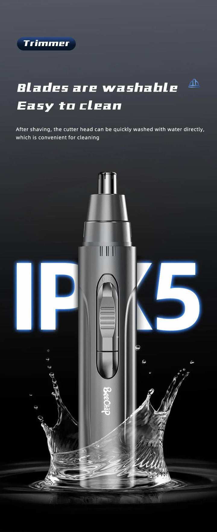 Travel-friendly compact rechargeable nose & ear trimmer, perfect for on-the-go grooming.
