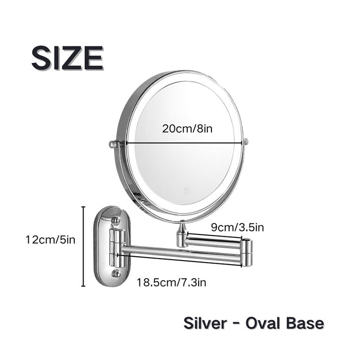 "Rechargeable wall mounted shaving mirror with LED lights, featuring three light settings and a sleek modern design."